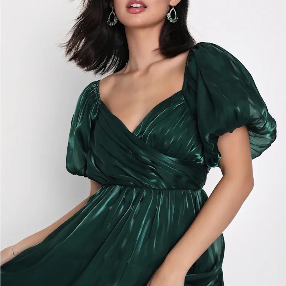 Lulu's Deep Green Satin Puff Sleeve Dress